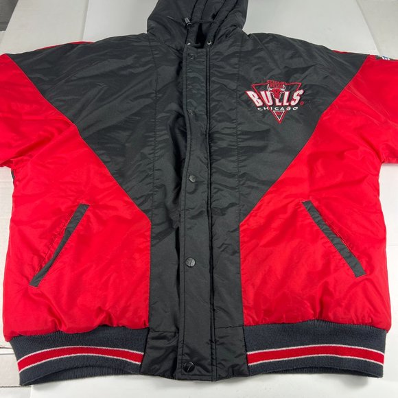 VTG 90s Logo 7 Chicago Bulls Jacket Extra Large Black & Red Full Zip Puffer Coat - Picture 5 of 16